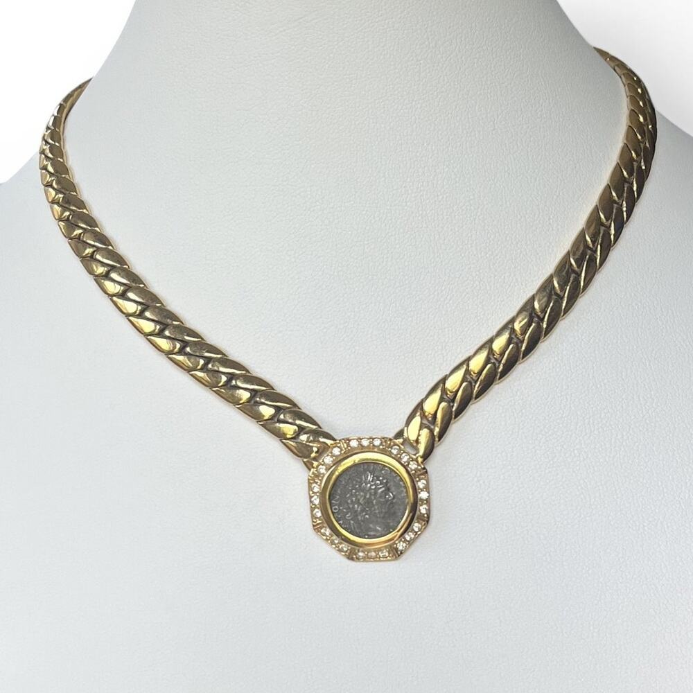 Vintage 1980’s Carolee Omega Gold Tone Necklace Choker with Faux Roman Coin